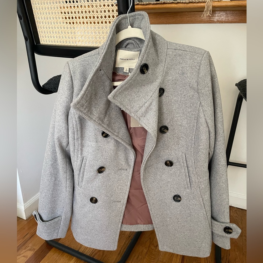 NEW Thread & Supply Gray Wool Peacoat/Trench Coat